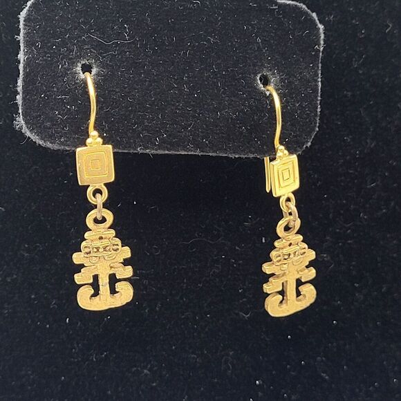 14k Gold Vermeil Mayan Aztec Design Dangle Drop Earrings 1.75in - Picture 3 of 3